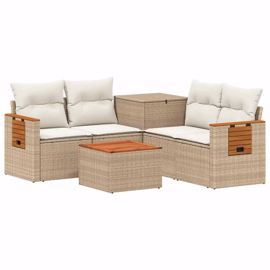 Set di divani da giardino a L vidaXL in polyrattan con tavolino e pouf, beige e bianco – 2