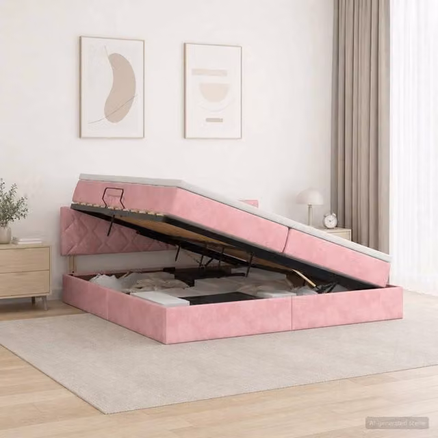 Letto con contenitore e illuminazione LED vidaXL in velluto rosa con materasso, L/P/H: 200 x 200 x 204 cm – 1