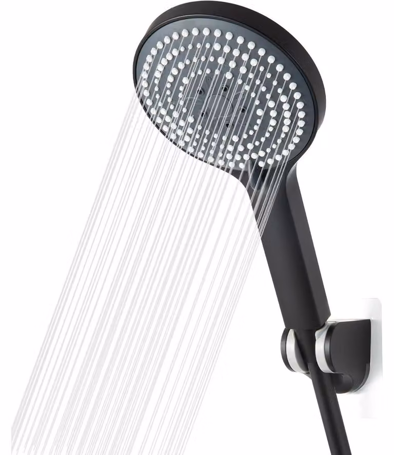 Doccia con flessibile e supporto, 6 tipi di getto, a risparmio idrico, finitura nera opaca, flessibile da 1,6 metri