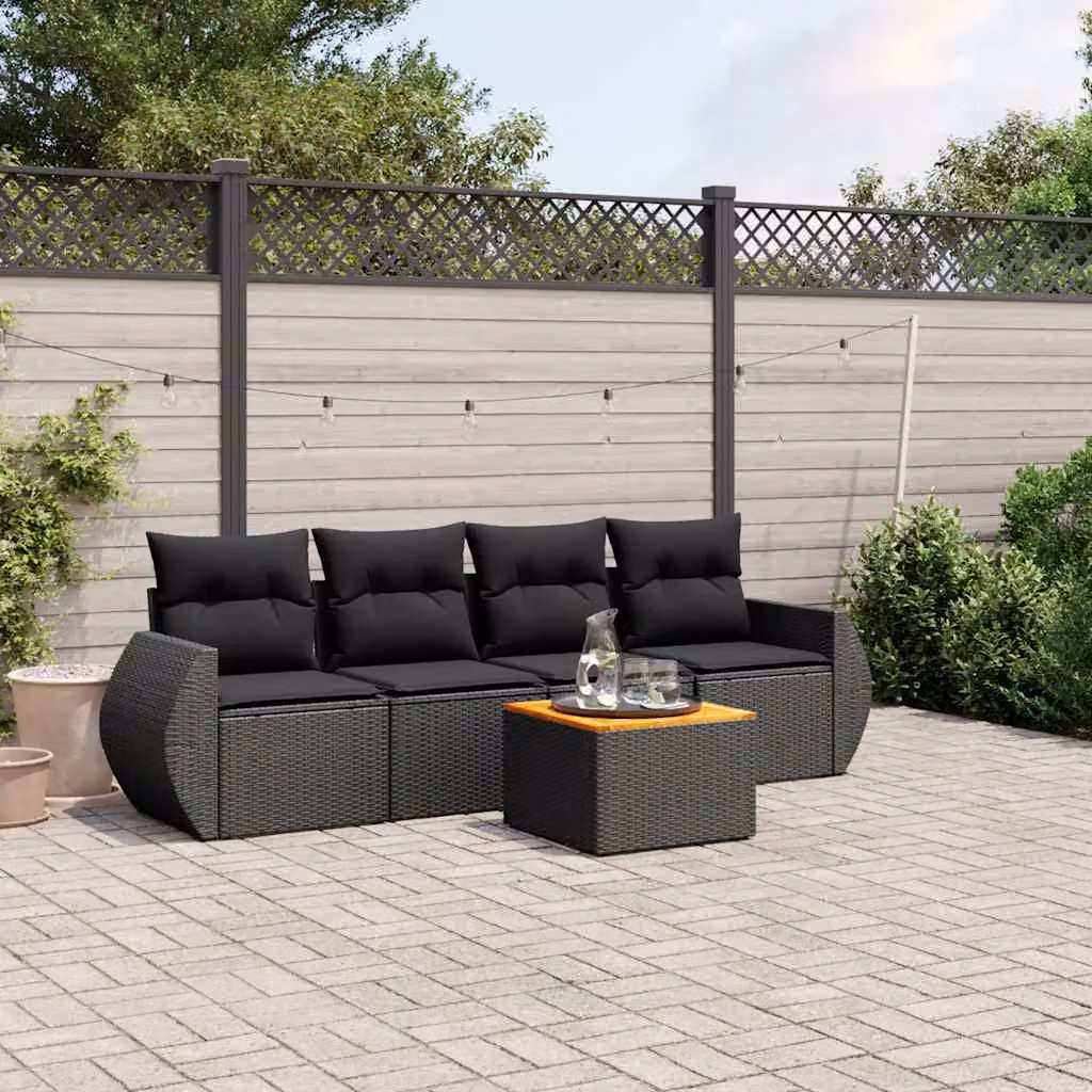 Set di divani da giardino vidaXL in 5 pezzi con cuscini in polyrattan nero e tavolo da caffè per esterno – 1