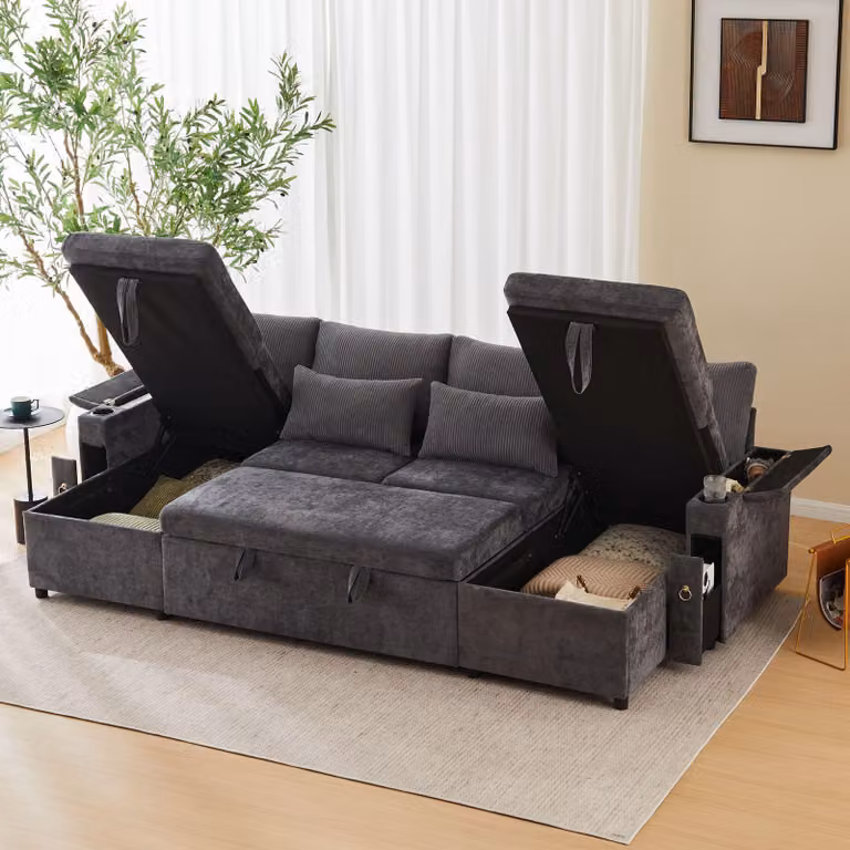 Divano angolare Merax, divano letto a U 4 posti, divano trasformabile con base letto, funzione letto, cuscini, set divano, divano in ciniglia, grigio