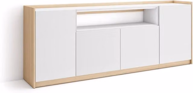 Credenza, Mobile, Cucina, 207x80x37 cm, 4 Porte, grande stoccaggio, Bianco e Rovere soft