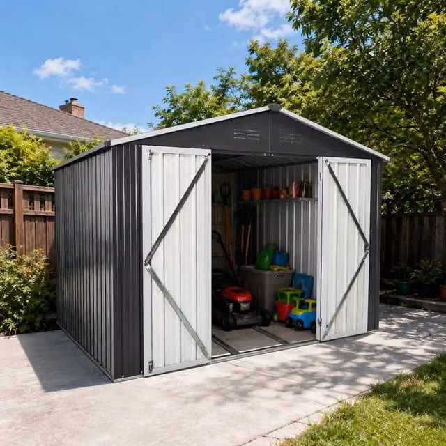 Capanno da giardino, 10x8 piedi, struttura metallica con tetto a punta, superficie occupata: 7.46m², nero