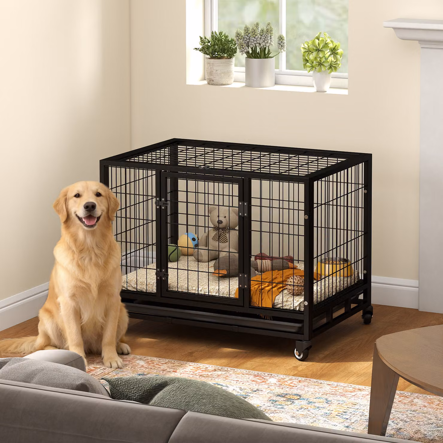 Gabbia per cani PawHut Aosom per interno ed esterno con rotelle, colore nero, L 92 cm x P 62 cm x H 75 cm – 2