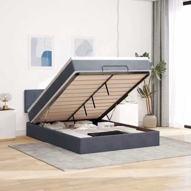 Letto con contenitore a sollevamento vidaXL in velluto grigio e bianco con materasso, L/P/H: 193 x 144 x 88 cm – 1