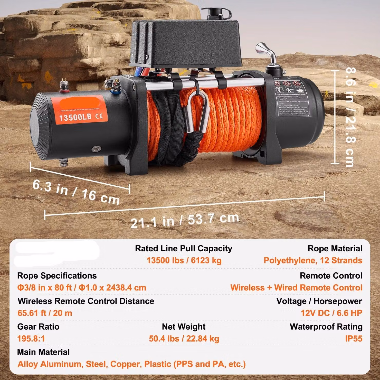 Verricello elettrico – Capacità di traino: 6123 kg – Grado di protezione IP55 (resistente all'acqua) – Motore 12V, 6,6 cavalli – Verricello per fuoristrada