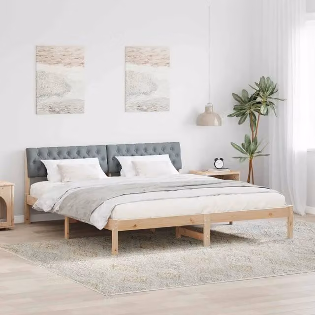 Struttura Letto Moderno vidaXL in Legno di Pino e Tessuto, Marrone e Grigio, L/P/H: 180 x 200 x 100 cm – 1