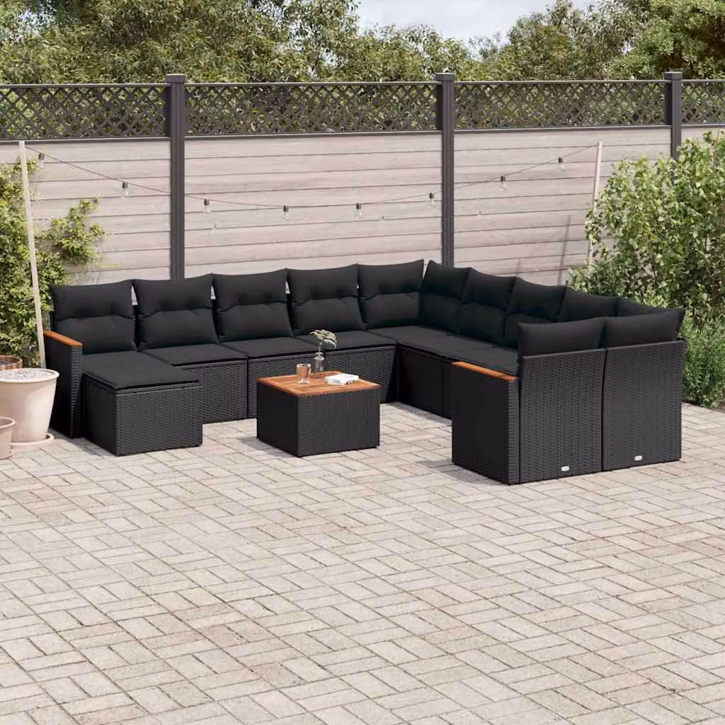 vidaXL Set Divani da Giardino 12 Pezzi con Cuscini Nero in Polyrattan e Acciaio – 1
