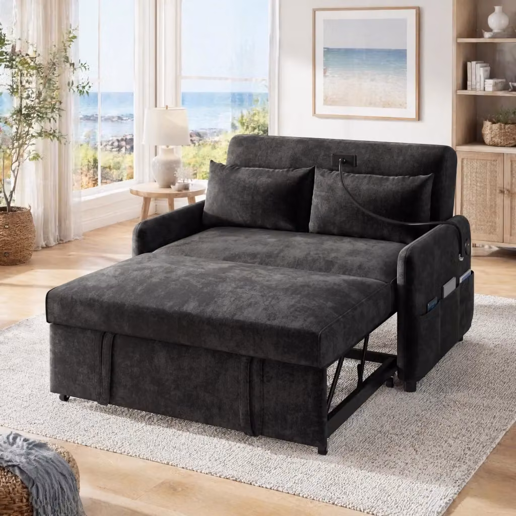 Divano letto estraibile MIVRAY a 2 posti in tessuto grigio con schienale regolabile, ricarica USB e cuscini inclusi – 2