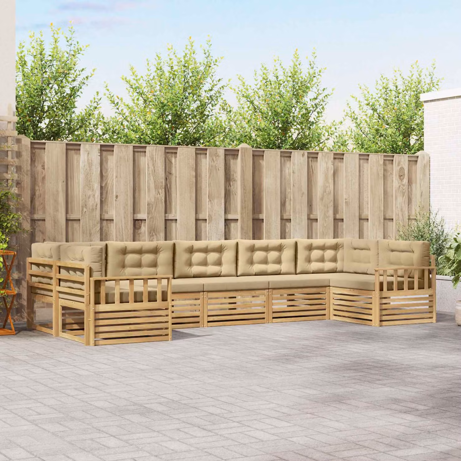 vidaXL Set di divani da esterno a forma di U composto da 7 pezzi in legno di acacia, Bianco e Beige