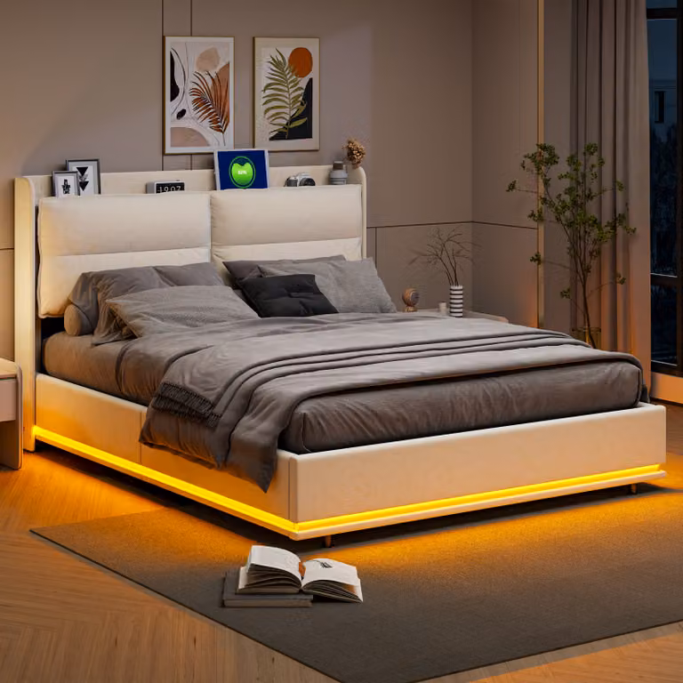 CDGlobal letto imbottito 140x200cm con funzione di ricarica (USB&Type-c), letto giovanile letto matrimoniale letto contenitore con LED, letto a molle idrauliche, beige