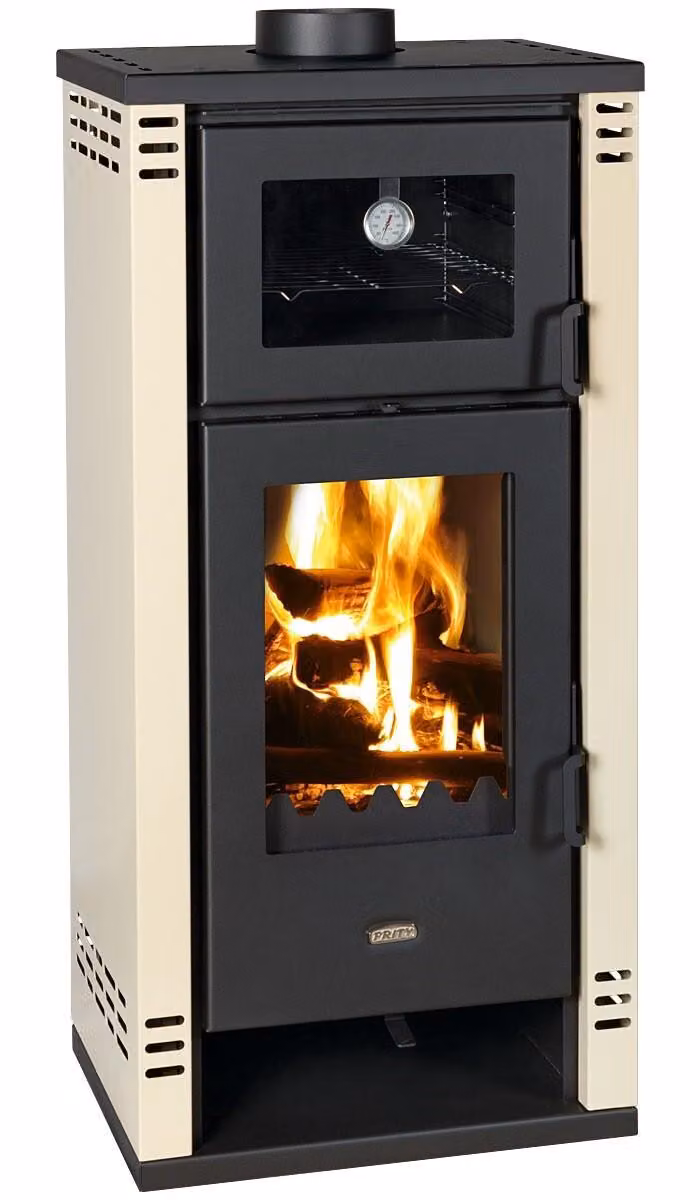 Stufa a legna Prity K2 GT F con vano cottura - 8,1 kW, design elegante, avorio, classe energetica A+