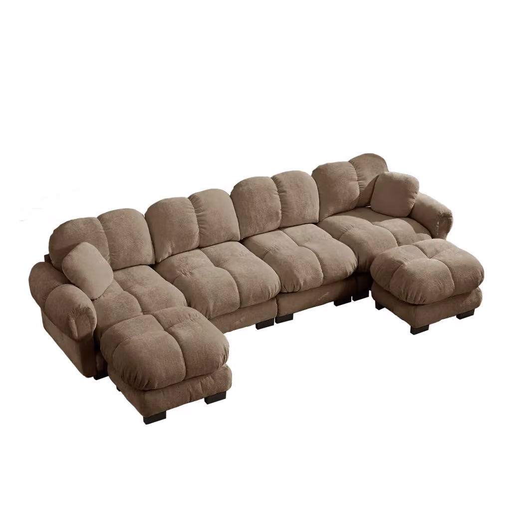 Divano panoramico a U Chicfurn a 4 posti modulare marrone con 2 poggiapiedi e cuscini, L: 330 cm, P: 149 cm, H: 90 cm – 2