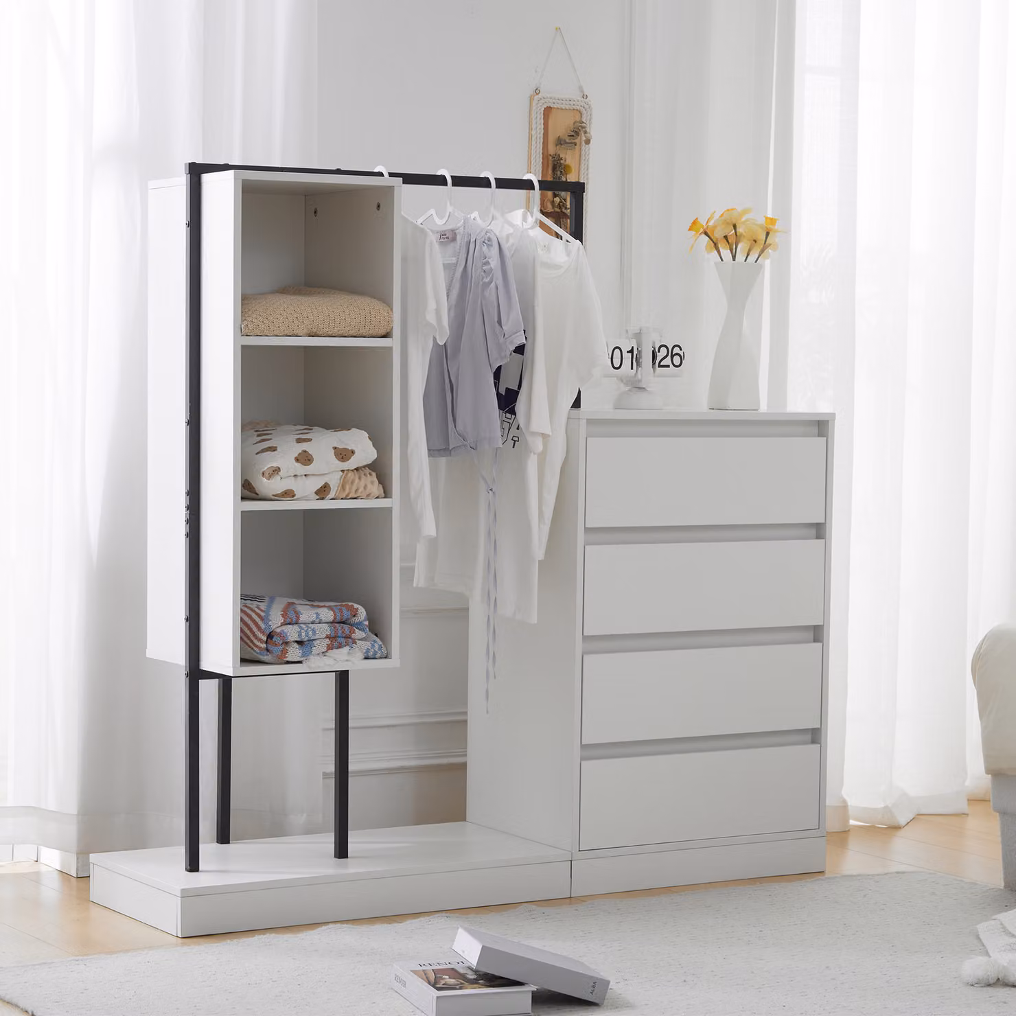 okwish Armadio 2 in 1 con cassettiera e appendiabiti - 140×40×135 cm, bianco