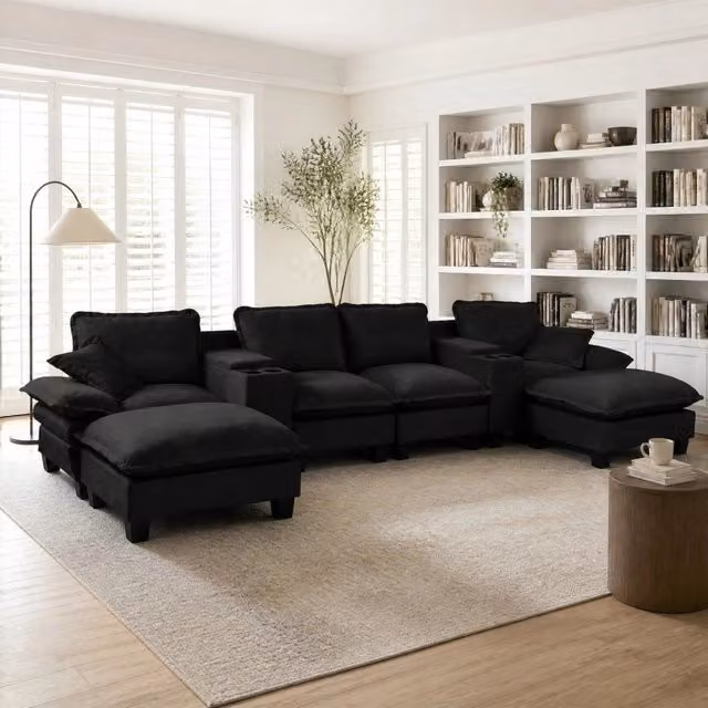 Divano panoramico modulare MIVRAY nero con pouf rimovibile, porta bevande e ricarica USB