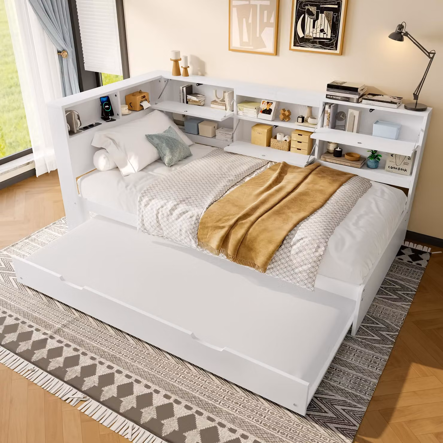 Divano letto STILVORA 90x200 con letto estraibile, divano letto con testiera e vano portaoggetti, divano letto con porta USB e Type-C, bianco (con materasso)
