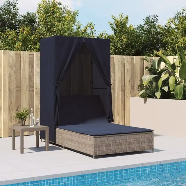 Lettino Prendisole Doppio Tetto e Tende Grigio in Polyrattan 368106
