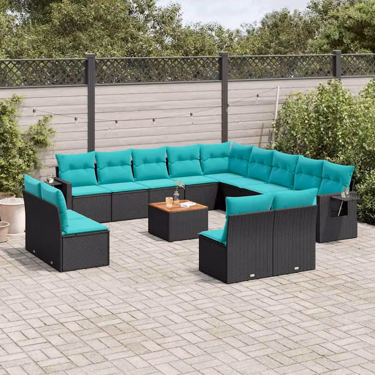 Set di divani da giardino vidaXL 14 pz in polyrattan nero con cuscini e tavolino da esterno a forma di U