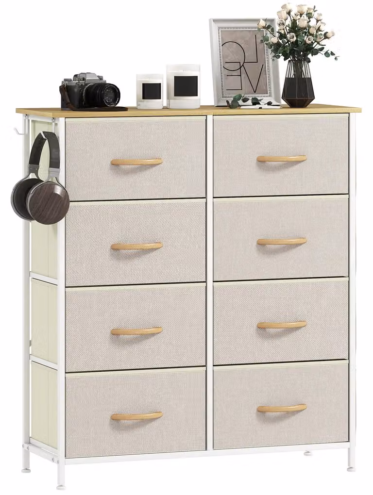 Comodino con 8 cassetti rivestiti in tessuto e struttura in acciaio | Colore: Marrone | Dimensioni: 86x30x94,5 cm