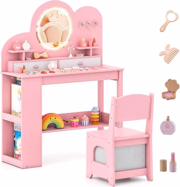 Set toeletta per bambini con sedia, 2 cassetti, libreria a 2 ripiani e luci LED, design moderno in MDF rosa – 1