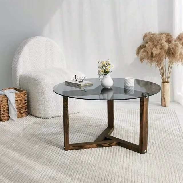 Tavolino da salotto DMORA Luigia rotondo in vetro e legno, colore Grigio Noce, L/P/H: 75 x 75 x 40 cm