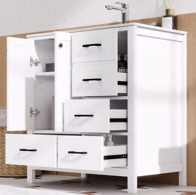 Mobile bagno con lavabo ULEVR 76x46x82 cm, 2 ante, 4 cassetti e 3 ripiani regolabili, bianco