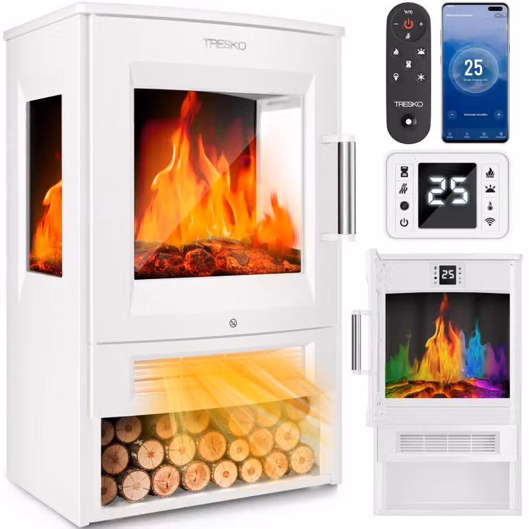 Camino elettrico a pavimento - 1800 W - Bianco - Autonomo - Con effetto fiamma a LED - Design moderno