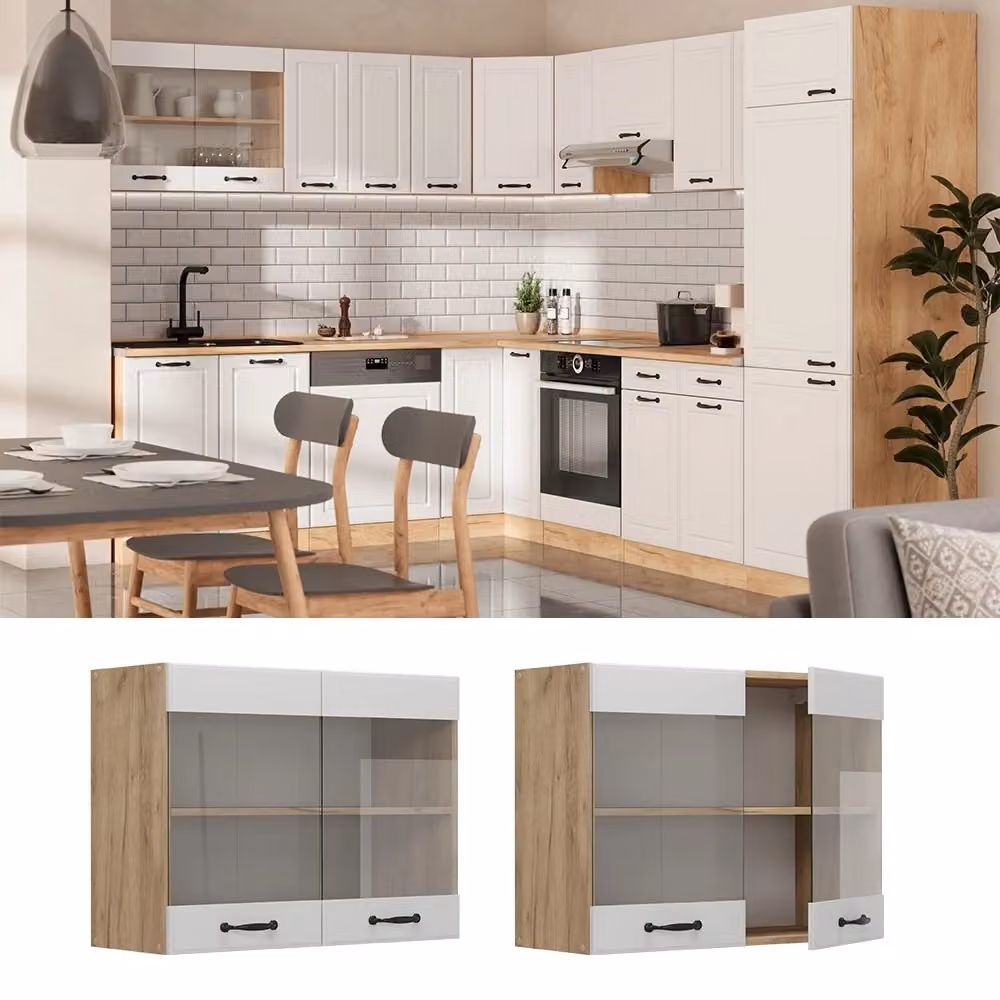 Pensile da cucina Vicco R-Line con ante in vetro, Bianco rustico e Rovere dorato, L: 80 cm, H: 60 cm, P: 31 cm – 2