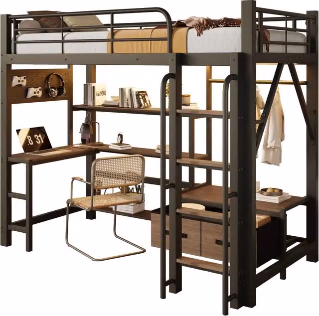 Letto a soppalco Chicfurn per bambini in nero con scrivania, ripiani, 2 cassetti, porte USB, illuminazione LED e scala, L/P/H: 204 x 90 x 170,5 cm – 1