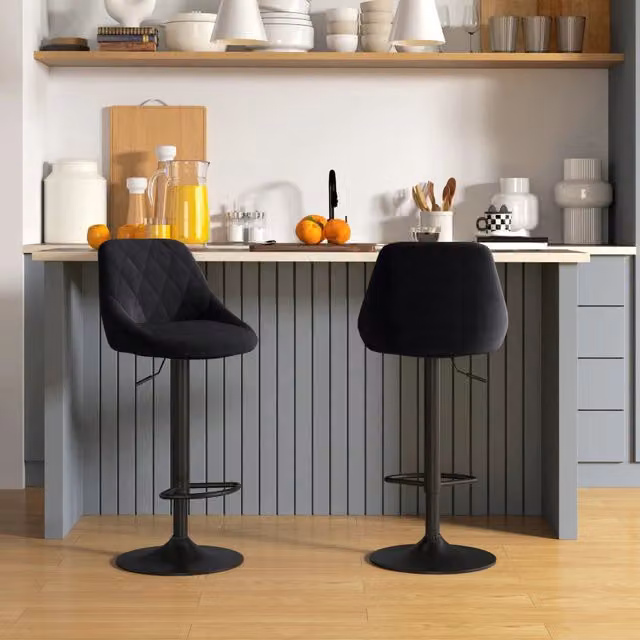 Sgabelli da bar OKWISH girevoli e regolabili in altezza con schienale e poggiapiedi in poliestere nero L: 46 cm, P: 48 cm, H: 104 cm – 1