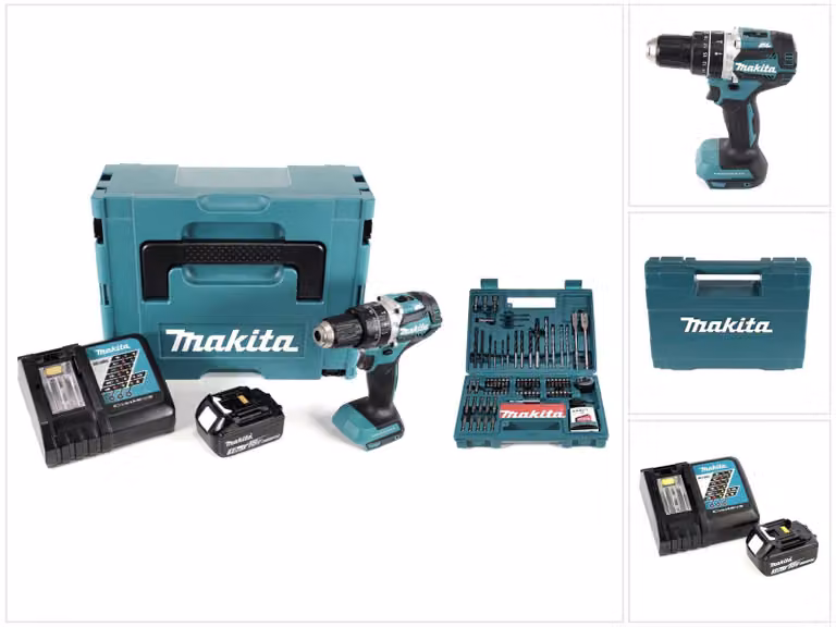 Makita DHP 484 RF1J Trapano avvitatore con percussione a batteria 18V in valigetta Makpac + 1x Batteria BL 1830 3,0 Ah + Caricabatterie DC18RC + 1x Set Makita B-53811 di 100 punte per trapano