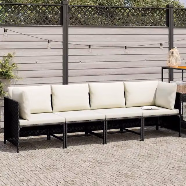 Divano da Giardino a 4 Posti con Cuscini-Sofa da Giardino-Divano da esterno Nero in Polyrattan 171074