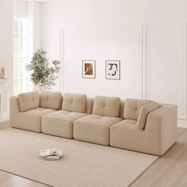 Divano Angolare Modulare 4 Posti MINIMAL Beige in Velluto a Coste con Cuscini Morbidi e Design Senza Braccioli