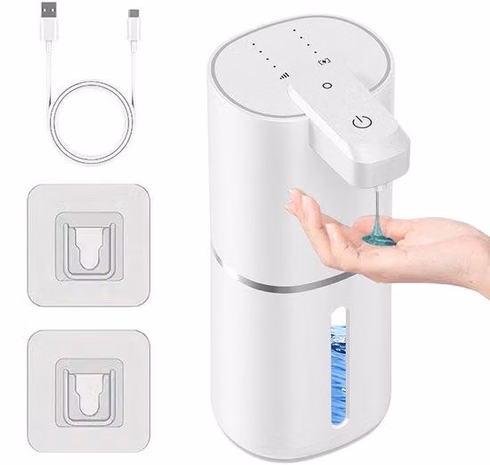 Distributore automatico di sapone liquido da parete, con sensore - 380 ml - 4 livelli di erogazione - Ricaricabile tramite USB - Bianco - Per sapone liquido