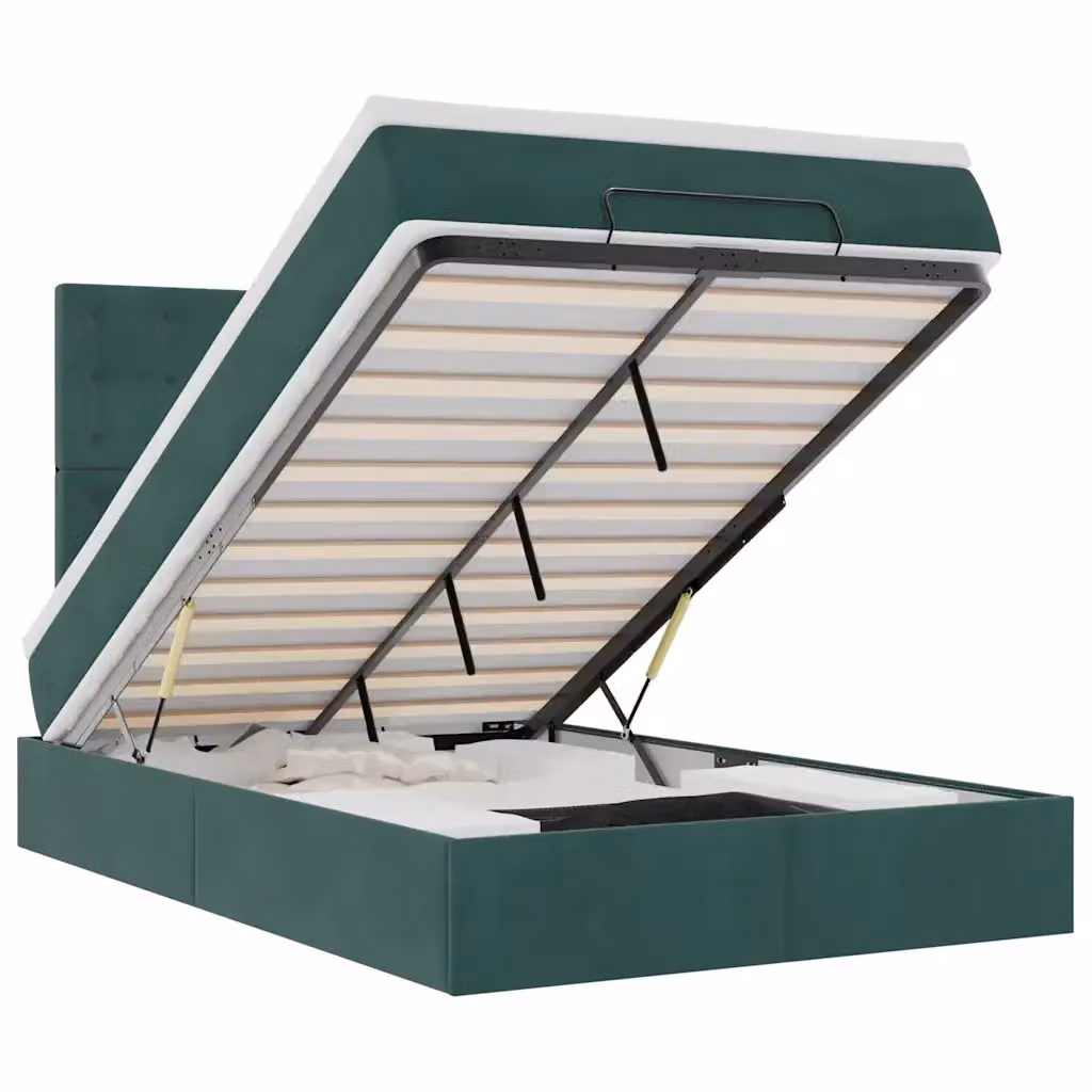 Letto con contenitore a sollevamento vidaXL in velluto verde e bianco con porta USB e illuminazione sottostante L: 200 cm, P: 120 cm, H: 128 cm – 2