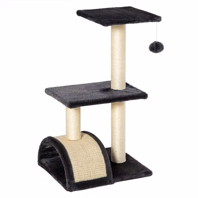 Albero per gatti PawHut a 3 livelli con tiragraffi in sisal e giocattoli integrati, legno e peluche, Grigio, L 40 cm x P 35 cm x H 72 cm – 1