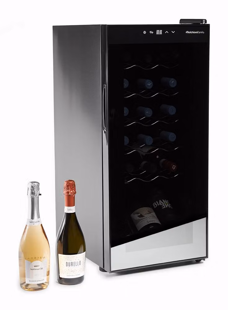 Cantinetta vino refrigerata Melchioni Family Vermentino 18C con compressore, capacità 18 bottiglie, porta in vetro temperato con filtro UV e luce LED interna, colore nero, L 34,5 cm x P 45 cm x A 77 cm – 2