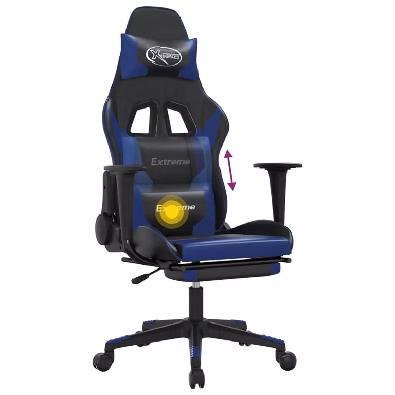 Sedia da Gaming Massaggiante Poggiapiedi Nero e Blu Pelle finta