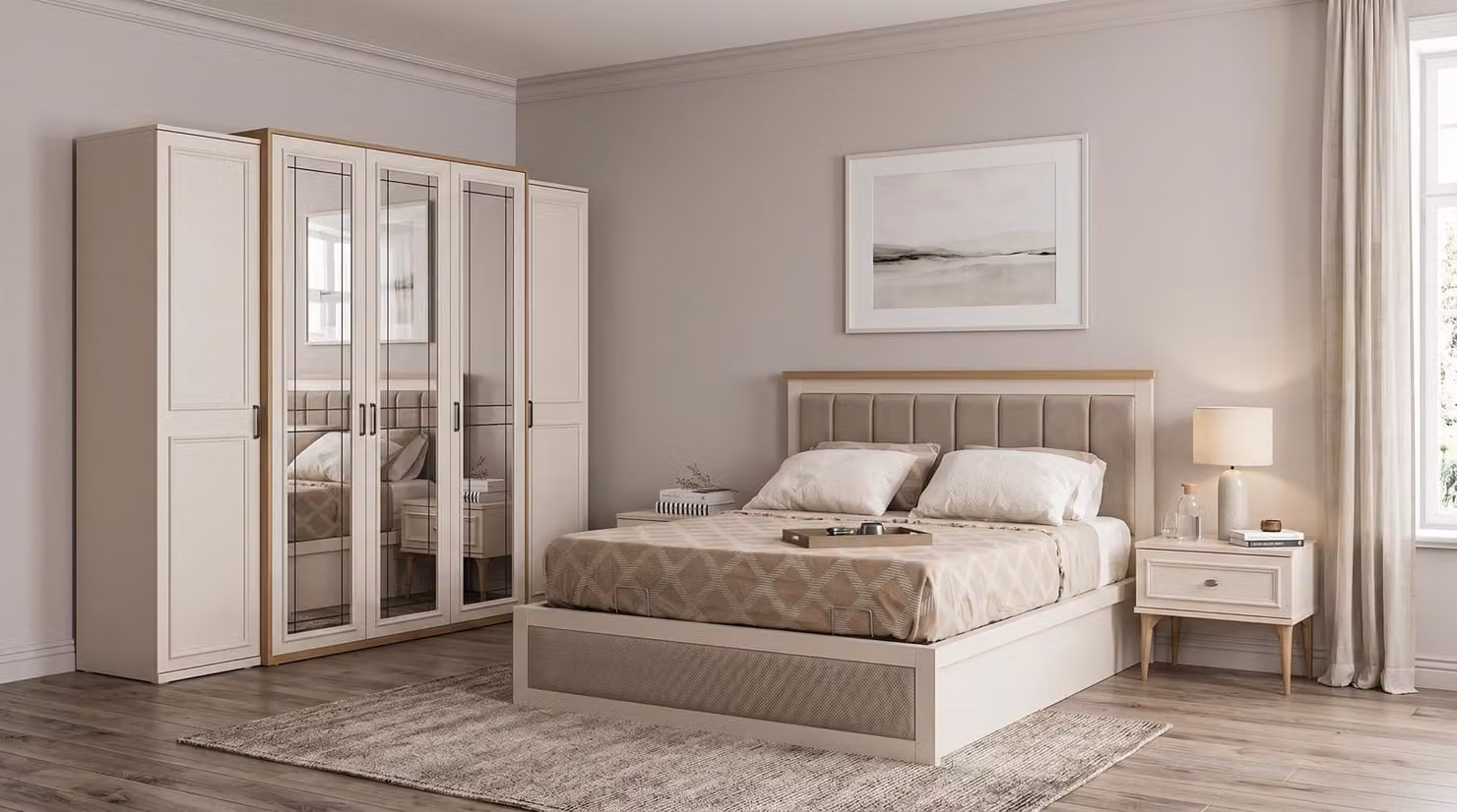 Letto contenitore elegante, armadio, comò con 5 cassetti, tavolino da trucco, set color crema