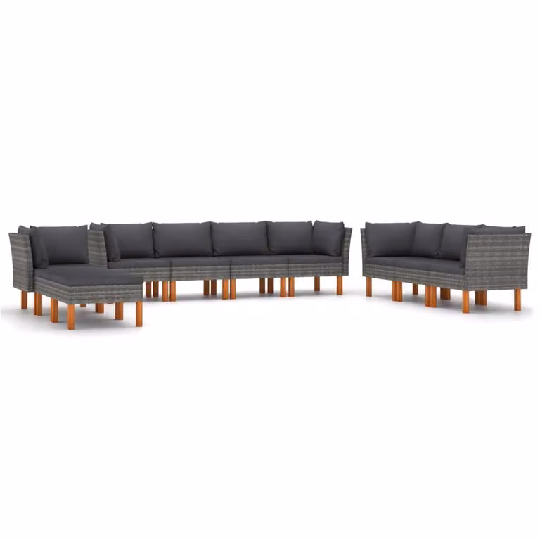 Set Divani da Giardino 10 pz con Cuscini in Polyrattan Grigio