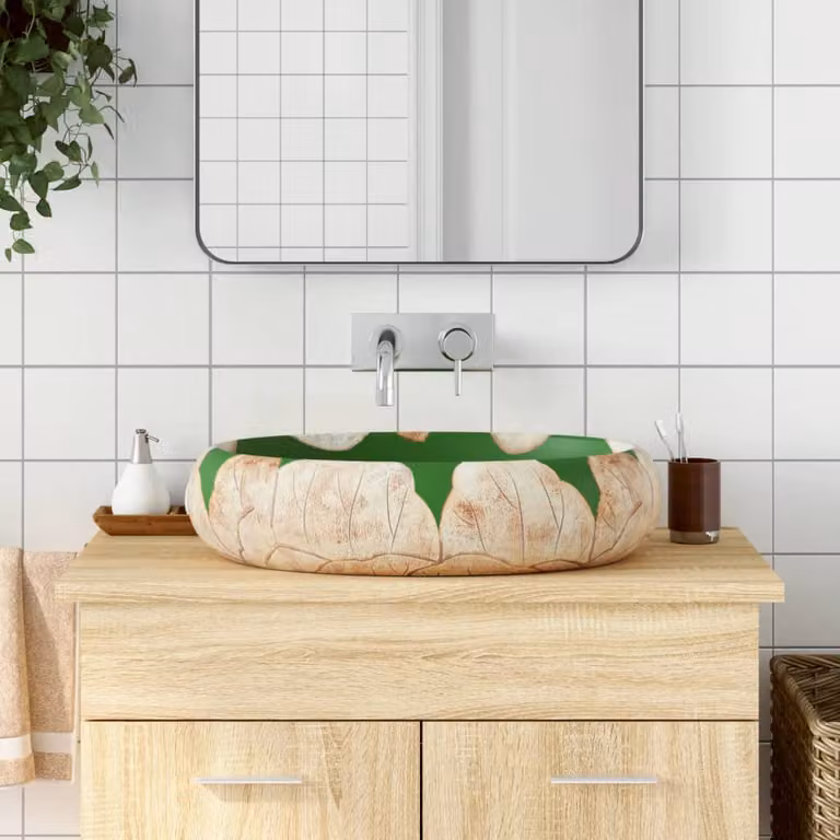 Lavabo da appoggio ovale in ceramica vidaXL, multicolore verde e marrone, L 59 cm x P 40 cm x H 15 cm