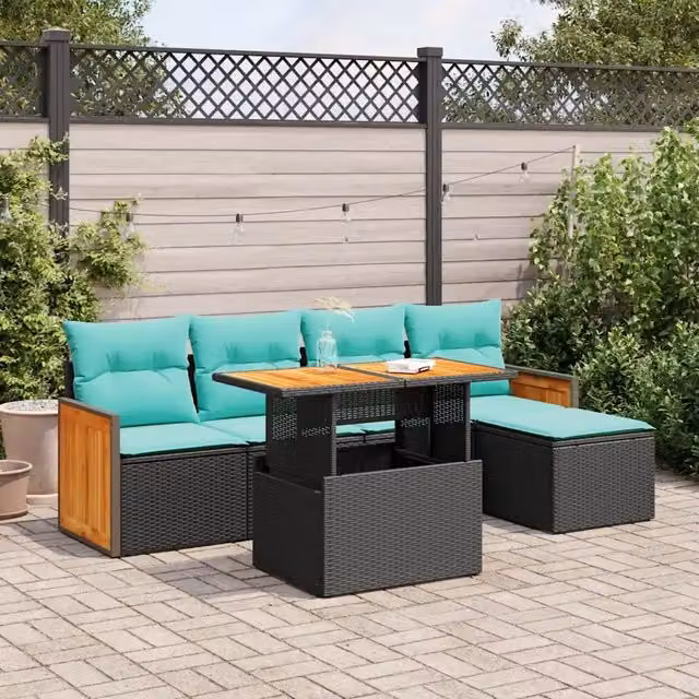 Set Divano da Giardino 6 pz con Cuscini Nero Polyrattan Acacia 3327697
