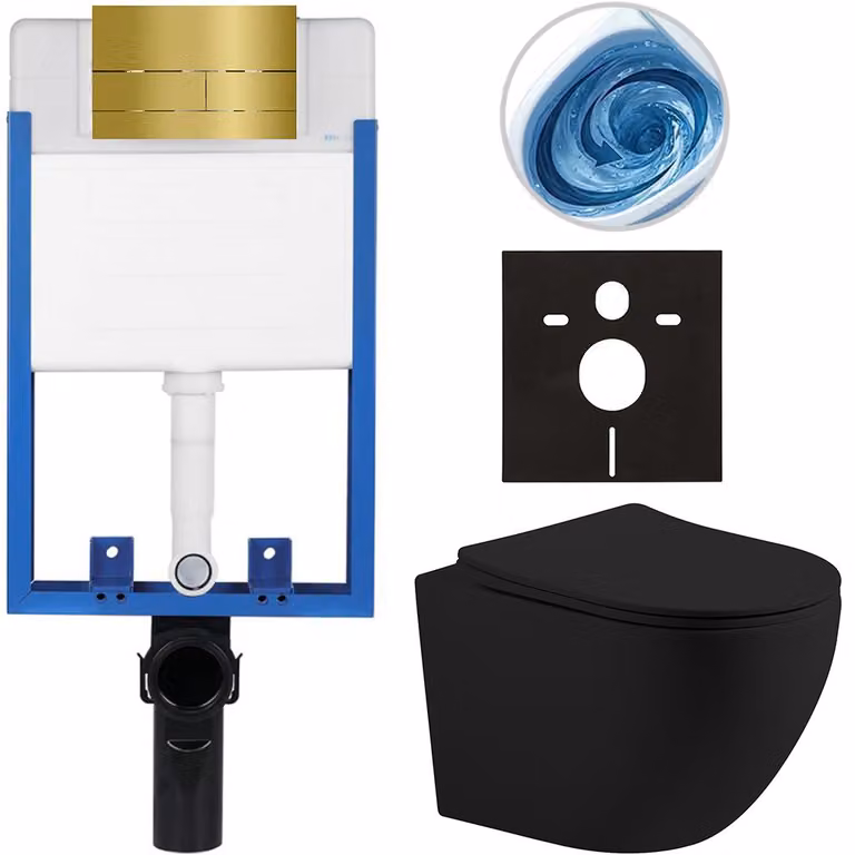CERANO - Set completo per WC da incasso Lite/Cesso - nero opaco - Pulsante per WC Line. dorato - da incasso - 49x36 cm