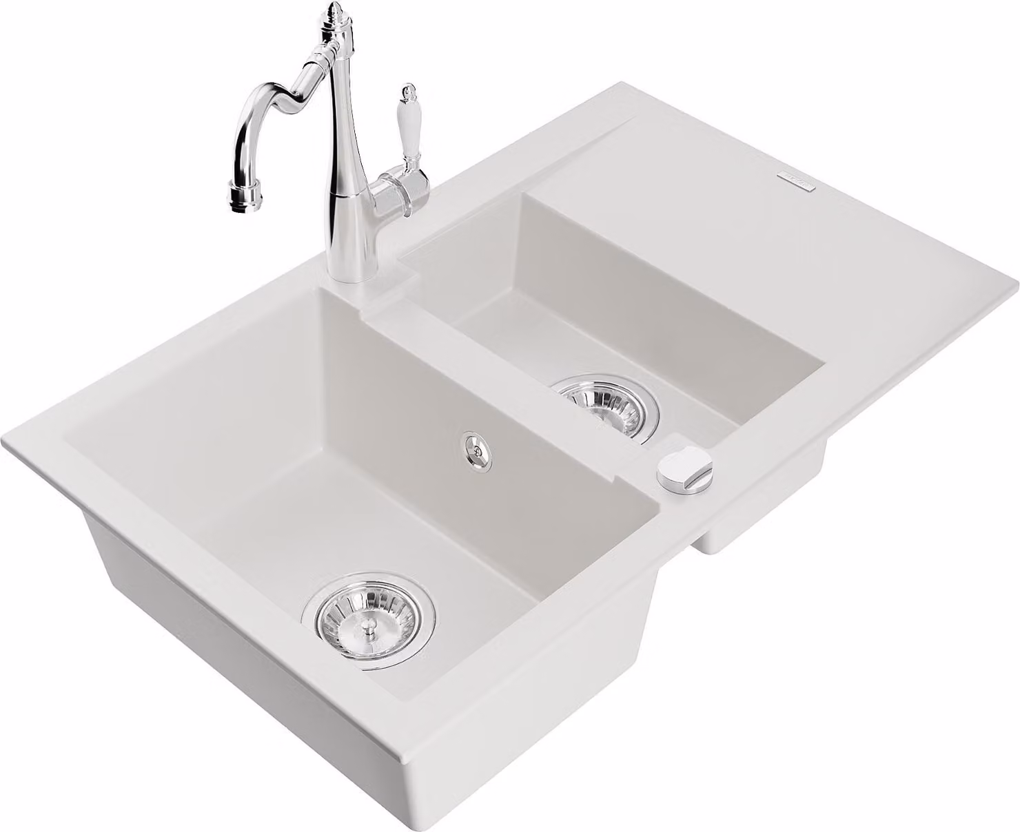 Mexen Gaspar lavello in granito 1,5 vasche con scolapiatti e miscelatore da cucina Carla, bianco - 6507-20-670700-00