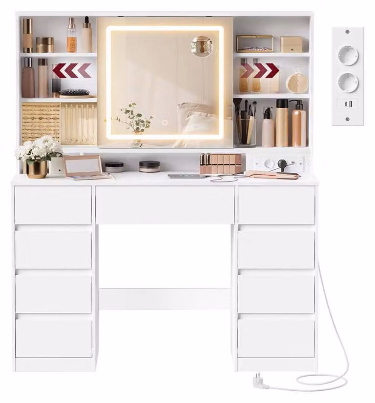 Comò da trucco con specchio a LED e 9 cassetti – bianco – 40 x 110 x 141,5 cm