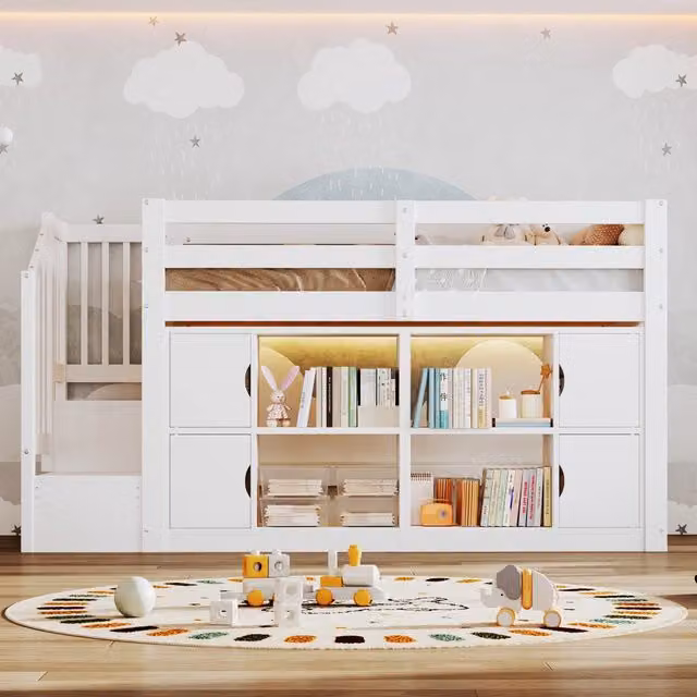Desviae Letto a soppalco singolo 90 × 200 cm con scala contenitore scaffale armadi LED in legno bianco rete a doghe