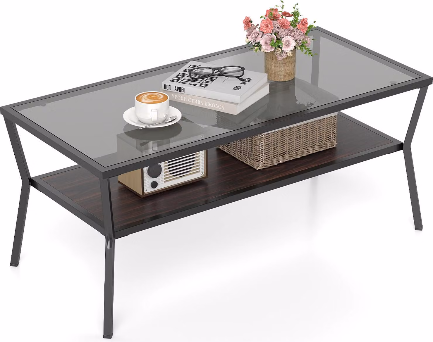 COSTWAY Tavolino a 2 livelli, tavolino in vetro con ripiano, tavolino da salotto con piano in vetro e struttura in metallo, tavolino da caffè, tavolino ausiliario, 106,5 x 50,5 x 46,5 cm