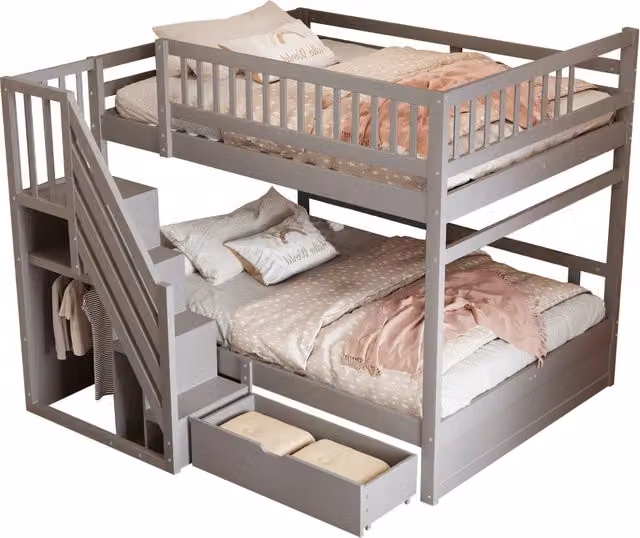 Letto a castello per bambini REDOM in legno e MDF grigio con scala e cassetti L/P/H: 145 x 200 x 205 cm