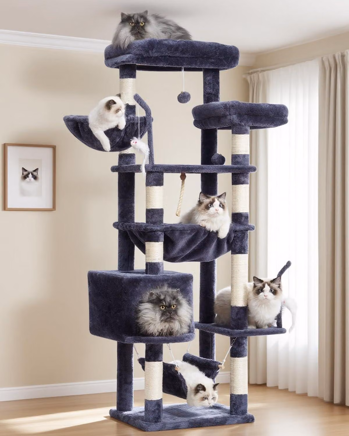 Albero per gatti con 2 grandi piattaforme, 2 ceste, una tana, pali da gioco, altezza 160 cm