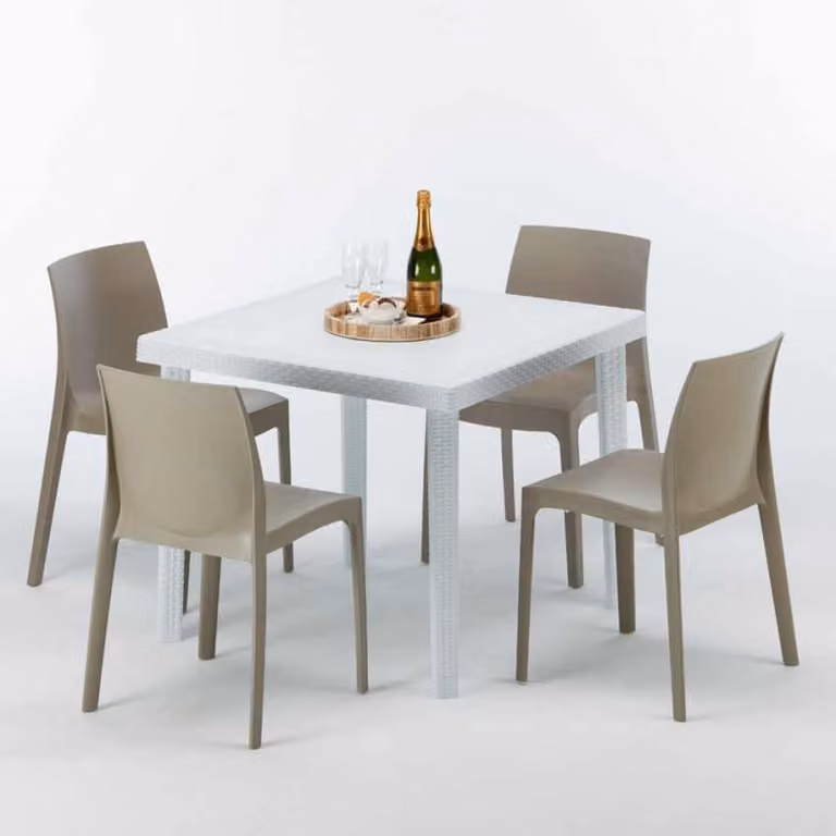 Tavolo quadrato bianco e 4 sedie in polipropilene colorato per esterni Grand Soleil Rome Love - Beige
